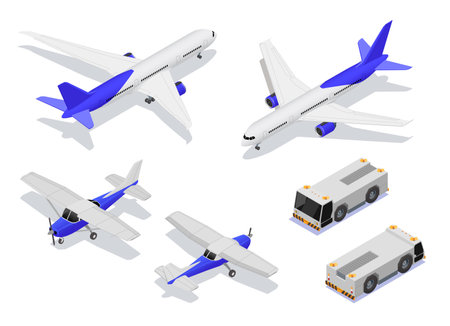 Aircraft airplanes maintenance service repair isometric set with isolated images of planes and airport push trucks vector illustrationのイラスト素材