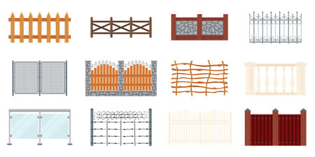 Fences flat set with isolated icons of fencing parts made with various materials on blank background vector illustrationのイラスト素材
