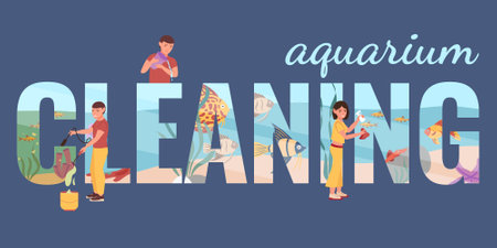 Aquarium clean care flat text composition with doodle human characters cleaning equipment and underwater fish scenery vector illustrationのイラスト素材
