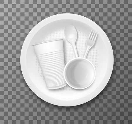 Disposable touristic tableware realistic set with plastic cup fork and spoon in plate at transparent background isolated vector illustrationのイラスト素材