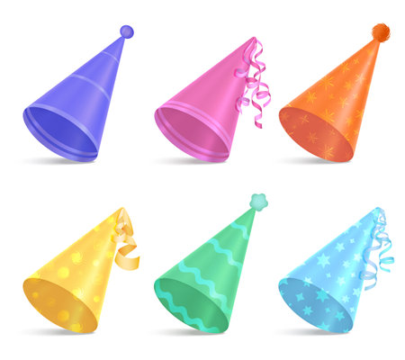 Birthday hats for kids festive party realistic set of colorful clown caps isolated vector illustrationのイラスト素材