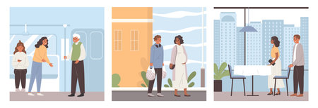 Etiquette rules set with three square compositions of elderly and young people loving couple public places vector illustrationのイラスト素材