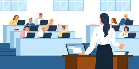 Student campus flat concept with professor speaking in front of the audience vector illustrationのイラスト素材