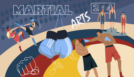 Martial arts collage with championship and duel symbols flat vector illustrationのイラスト素材