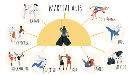 Martial arts infographic set with box and judo symbols flat vector illustrationのイラスト素材