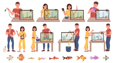 Aquarium clean care flat set with isolated icons of exotic fishes and people with aquarium equipment vector illustrationのイラスト素材