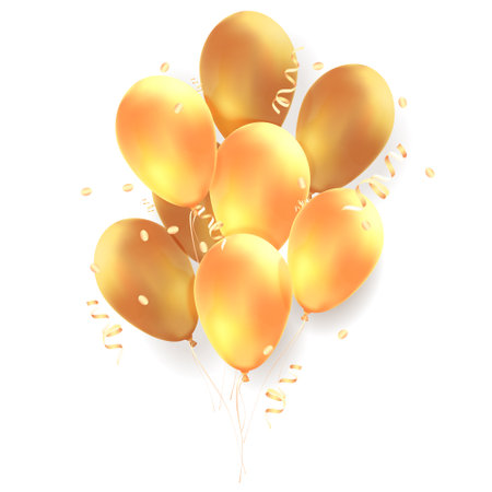 Celebration party realistic background with bunch of gold air balloons decorated by gold ribbons vector illustrationのイラスト素材
