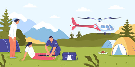 First aid flat concept with rescue team and emergency helicopter vector illustrationのイラスト素材