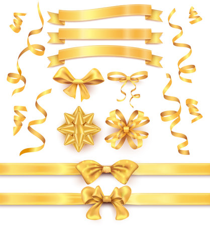 Holiday collection of realistic gold ribbons and bows for gift decoration isolated vector illustrationのイラスト素材