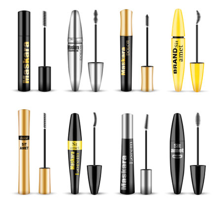 Luxury mascara compact packaging with brush for female make up realistic set isolated vector illustrationのイラスト素材