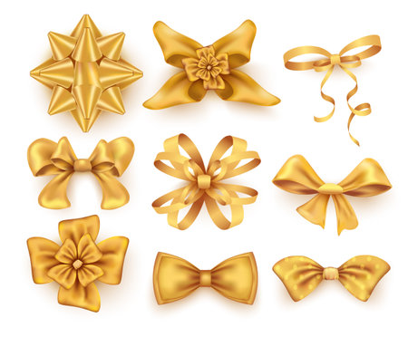 Collection of golden bows of various shapes isolated at white background realistic vector illustrationのイラスト素材