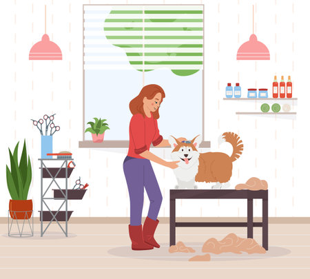 Dog grooming background with corgi style symbols flat  vector illustrationのイラスト素材
