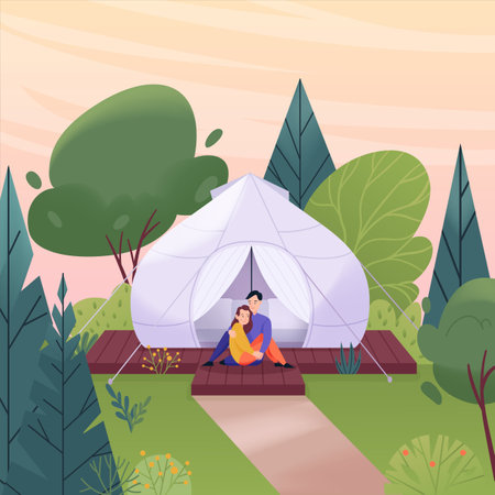 Glamping flat concept with young couple sitting near bubble tent vector illustrationのイラスト素材