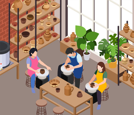 Master class workshop group learning practice isometric composition with loft interior and three potters making jars vector illustrationのイラスト素材