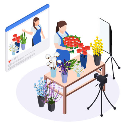 Master class workshop group learning practice isometric composition with isolated view of florist shooting video blog vector illustrationのイラスト素材