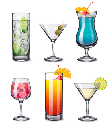 Alcohol drinks cocktails realistic set with isolated front view images of cocktail glasses on blank background vector illustrationのイラスト素材