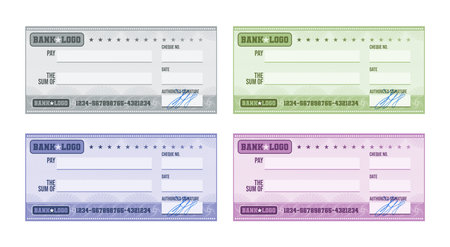 Multicolored blank bank check with handwritten signature realistic set isolated at white background vector illustrationのイラスト素材