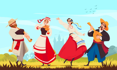Colored folklore music composition two pairs of dancers in national costumes dancing together vector illustrationのイラスト素材