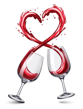 Glassware wine glass realistic heart splash composition with isolated view of clinking glasses with heart shape vector illustrationのイラスト素材