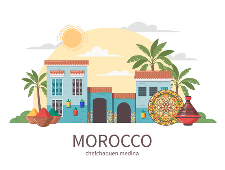 Morocco touristic travel flat composition with editable text and front view of chefchaouen medina ancient building vector illustrationのイラスト素材