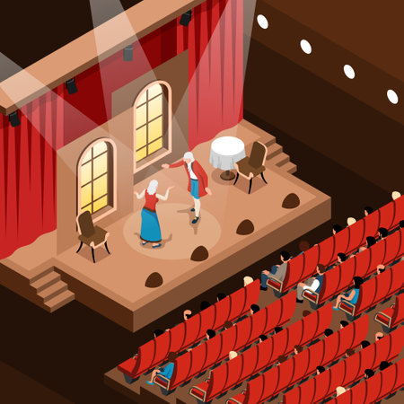 Isometric fragment of theater auditorium with actors playing on stage and spectator vector illustrationのイラスト素材