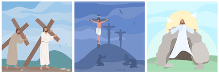 Jesus christ crucifixion resurrection way to golgotha flat set isolated vector illustrationのイラスト素材