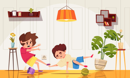 Children falling people composition two children fall to the floor in their home by catching vector illustrationのイラスト素材