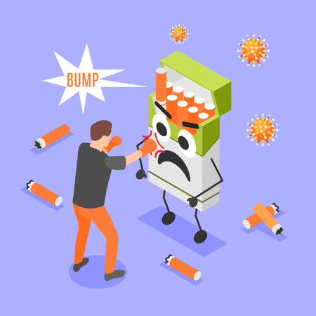 Immune system boost isometric concept with man giving up smoking fighting with packet of cigarettes vector illustrationのイラスト素材