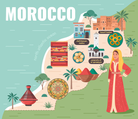 Morocco touristic travel map flat composition of text woman in traditional dress and country map icons vector illustrationのイラスト素材