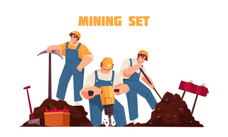 Flat mining concept with mining set description and three workers at the job vector illustrationのイラスト素材