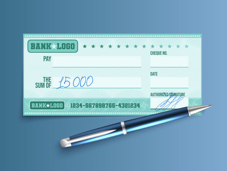 Business concept with pen and signed bank check with filled handwritten sum realistic vector illustrationのイラスト素材