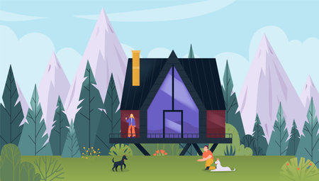 Glamping flat concept with modern house and mountain forest on background vector illustrationのイラスト素材