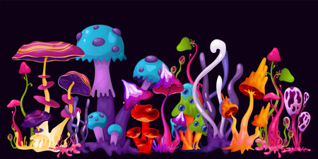 Hallucination horizontal illustration with bright multicolored magic psychedelic mushrooms at black background cartoon vector illustrationのイラスト素材