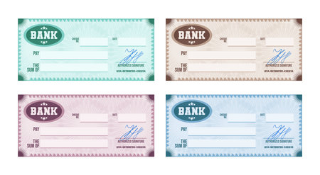 Multicolored signed blank bank check with guilloche pattern and watermarks realistic set isolated at white background vector illustrationのイラスト素材