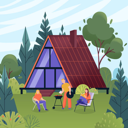 Glamping flat concept with people making barbeque in forest with modern house on background vector illustrationのイラスト素材