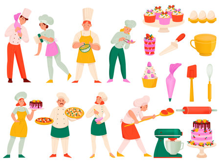 Confectioner chefs cookers set of isolated icons with cupcakes whisk brooms eggs mixers and cook characters vector illustrationのイラスト素材