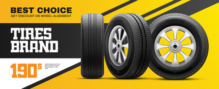 Best choice of wheel tire horizontal ads poster with place for tires brand realistic vector illustrationのイラスト素材