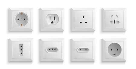 Different types of wall power  sockets for one connector realistic white set isolated vector illustrationのイラスト素材