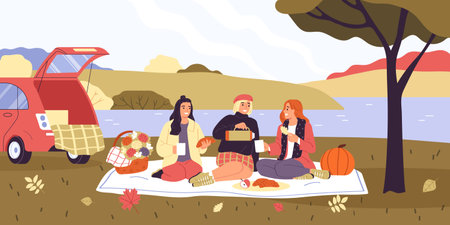 Autumn pastime background with picnic symbols flat vector illsutrationのイラスト素材