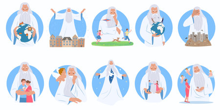 God father set of flat circle shaped compositions with mythical old man people and earth globe vector illustrationのイラスト素材