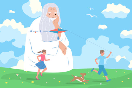 God father flat composition with outdoor scenery running kids dog kite and wise man in heaven vector illustrationのイラスト素材