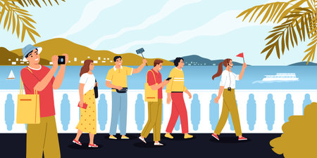 Guide and sightseeing background with tourist attraction symbols flat vector illsutrationのイラスト素材