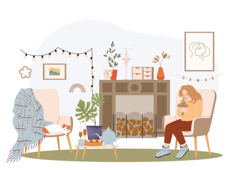 Self care concept with cozy atmosphere symbols flat vector illustrationのイラスト素材