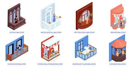 Set with isolated house facade compositions of isometric icons with text captions and views of balconies vector illustrationのイラスト素材
