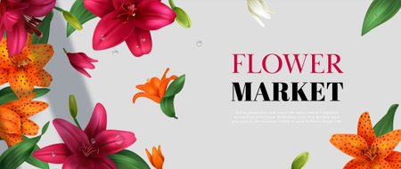 Realistic flower market poster with different colored lily blossoms vector illustrationのイラスト素材