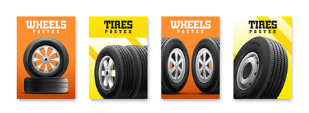 Realistic set of four colored posters representing car wheels and tires isolated vector illustrationのイラスト素材