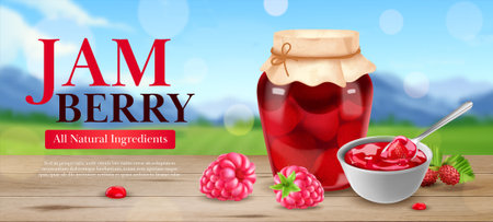 Realistic jam poster with ripe berries in can vector illustrationのイラスト素材