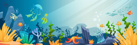 Underwater world horizontal background with sea plankton corals starfish and colorful fishes cartoon vector illustrationのイラスト素材