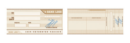 Signed blank bank check mockup with beige guilloche pattern isolated at white background realistic vector illustrationのイラスト素材