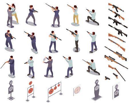Shooting range set with automatic and assault rifle symbols isometric isolated vector illustrationのイラスト素材